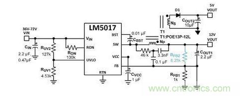 基于 LM5017 的 Fly-Buck 轉(zhuǎn)換器電路，沒有基于光耦合器的穩(wěn)壓電路