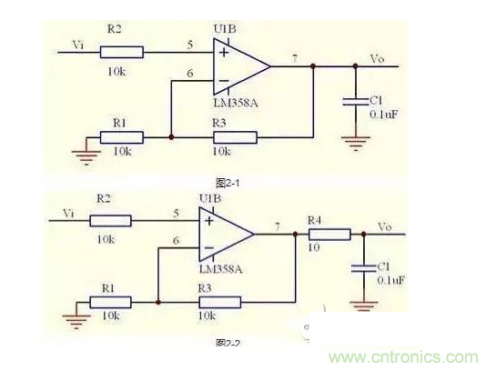 2、不要在運(yùn)放輸出直接并接電容